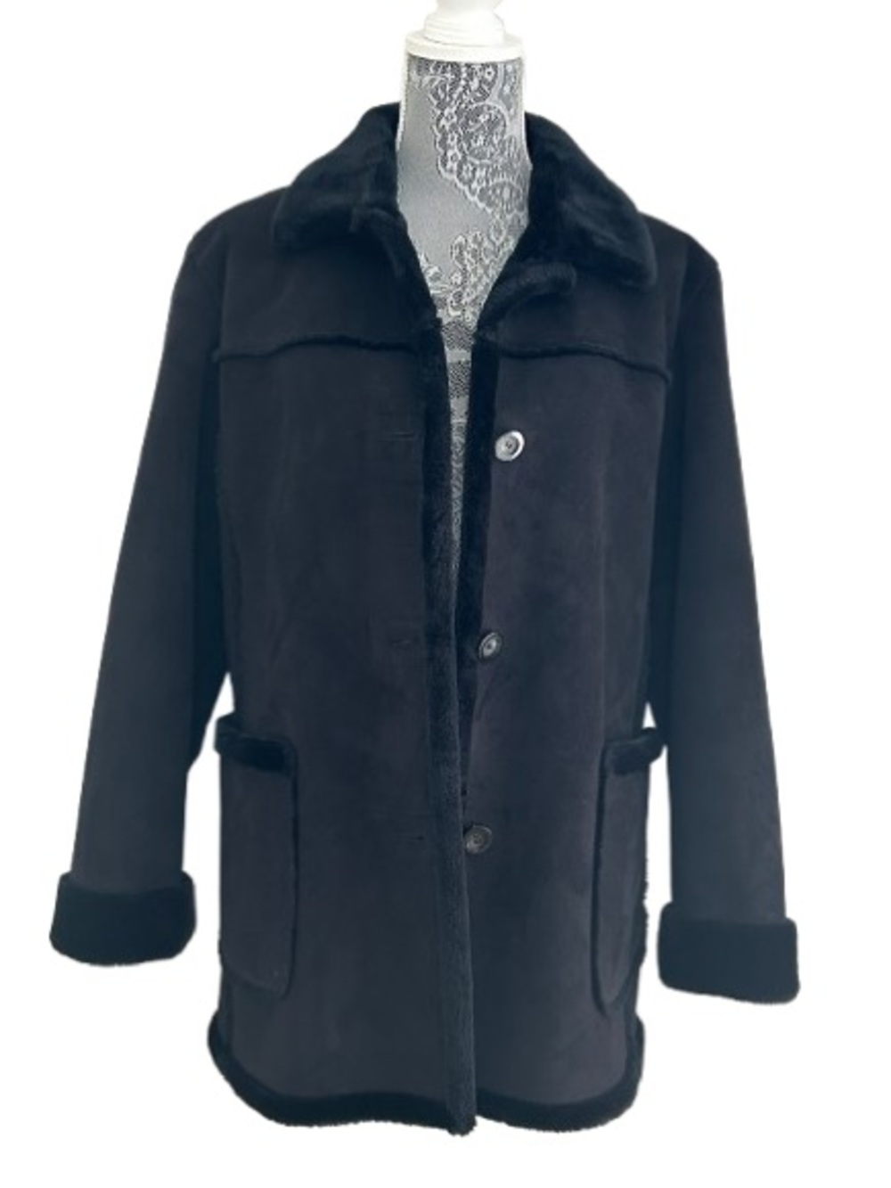 Mulberry Street Vintage Black Faux-Shearling Trimmed Leather Jacket. Size Medium